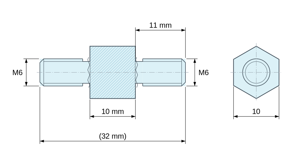 Plan coté Entretoise hexagonale filetée mâle/mâle acier inoxydable M6 - 10 mm sur plats
