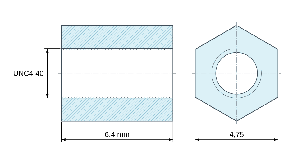 Plan coté Entretoise hexagonale filetée femelle/femelle laiton zingué bleu UNC4-40 - 4,75 mm sur plats