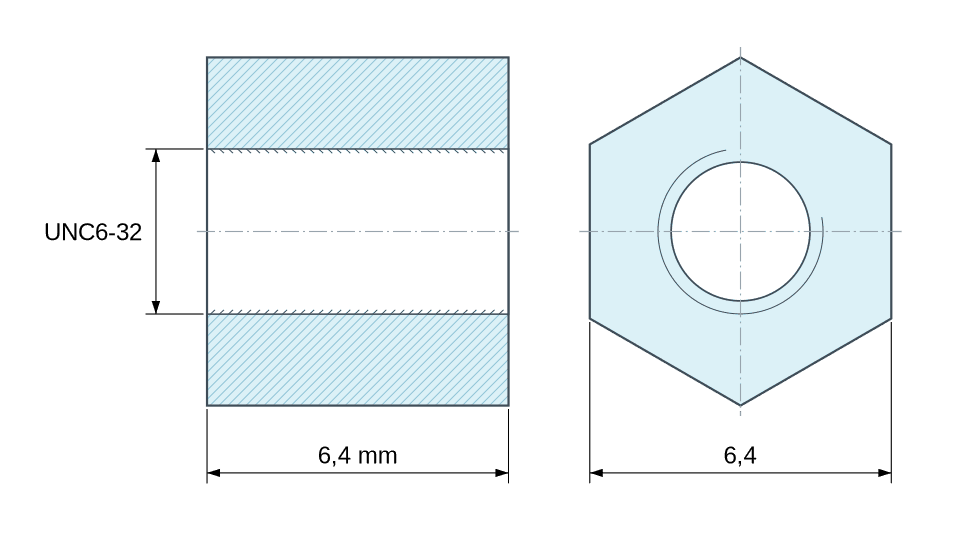 Plan coté Entretoise hexagonale filetée femelle/femelle laiton zingué bleu UNC6-32 - 6,4 mm sur plats