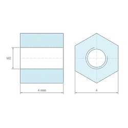 Plan coté 4 mm, Entretoise hexagonale filetée femelle/femelle laiton nickelé au plomb M2 - 4 mm sur plats