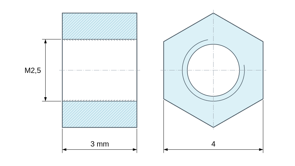 Plan coté Entretoise hexagonale filetée femelle/femelle laiton nickelé au plomb M2,5 - 4 mm sur plats