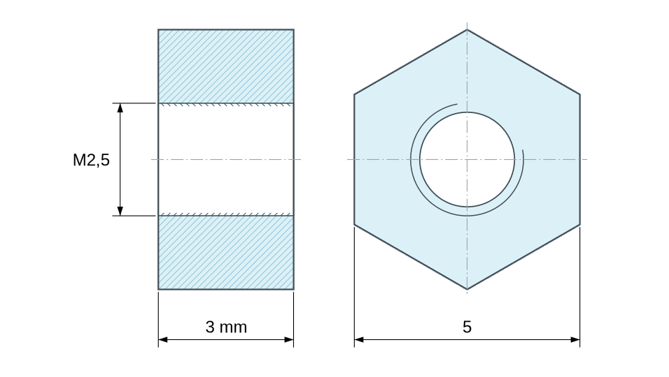 Plan coté Entretoise hexagonale filetée femelle/femelle laiton nickelé au plomb M2,5 - 5 mm sur plats