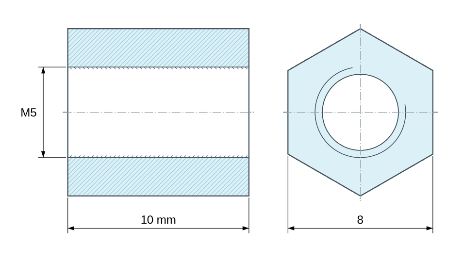 Plan coté Entretoise hexagonale filetée femelle/femelle laiton nickelé au plomb M5 - 8 mm sur plats Plan coté Entretoise hexagonale filetée femelle/femelle laiton nickelé au plomb M5 - 8 mm sur plats