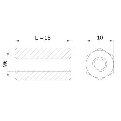 [decl 15mm] Entretoise hexagonale filetée femelle/femelle laiton nickelé M6 - 10 mm sur plats