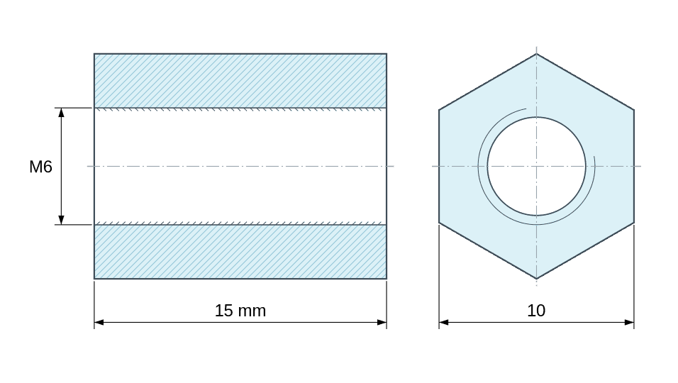 Plan coté Entretoise hexagonale filetée femelle/femelle laiton nickelé au plomb M6 - 10 mm sur plats
