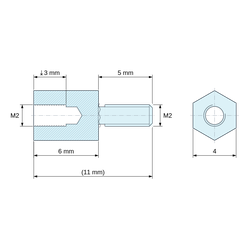 Plan coté 6 mm / 5 mm, Entretoise hexagonale filetée mâle/femelle laiton nickelé au plomb M2 - 4 mm sur plats