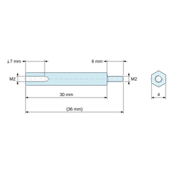 Plan coté 30 mm / 6 mm, Entretoise hexagonale filetée mâle/femelle laiton nickelé au plomb M2 - 4 mm sur plats