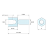 Plan coté 5 mm / 6 mm, Entretoise hexagonale filetée mâle/femelle laiton nickelé au plomb M2,5 - 4 mm sur plats