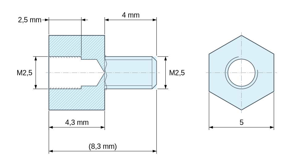 Plan coté Entretoise hexagonale filetée mâle/femelle laiton nickelé au plomb M2,5 - 5 mm sur plats