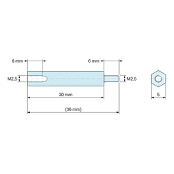 Plan coté 30 mm / 6 mm, Entretoise hexagonale filetée mâle/femelle laiton nickelé au plomb M2,5 - 5 mm sur plats