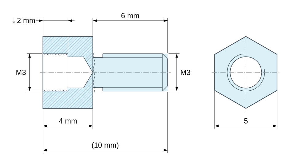 Plan coté Entretoise hexagonale filetée mâle/femelle laiton nickelé au plomb M3 - 5 mm sur plats