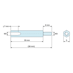 Plan coté 30 mm / 8 mm, Entretoise hexagonale filetée mâle/femelle laiton nickelé au plomb M3 - 5 mm sur plats