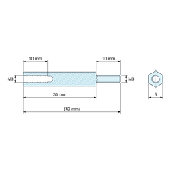 Plan coté 30 mm / 10 mm, Entretoise hexagonale filetée mâle/femelle laiton nickelé au plomb M3 - 5 mm sur plats