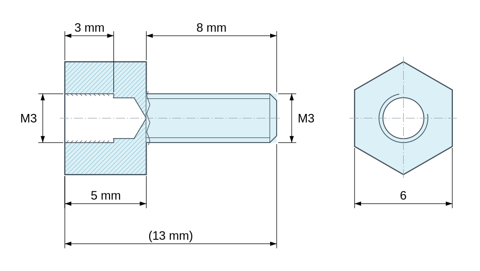 Plan coté Entretoise hexagonale filetée mâle/femelle laiton nickelé au plomb M3 - 6 mm sur plats