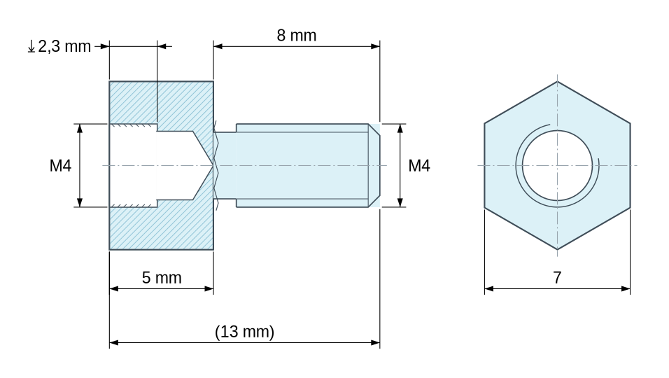 Plan coté Entretoise hexagonale filetée mâle/femelle laiton nickelé au plomb M4 - 7 mm sur plats