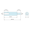 Plan coté 30 mm / 8 mm, Entretoise hexagonale filetée mâle/femelle laiton nickelé au plomb M4 - 7 mm sur plats