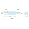 Plan coté 30 mm / 10 mm, Entretoise hexagonale filetée mâle/femelle laiton nickelé au plomb M4 - 7 mm sur plats