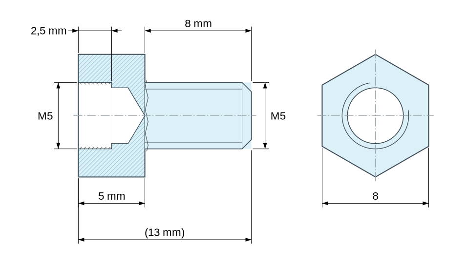 Plan coté Entretoise hexagonale filetée mâle/femelle laiton nickelé au plomb M5 - 8 mm sur plats