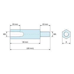 Plan coté 30 mm / 10 mm, Entretoise hexagonale filetée mâle/femelle laiton nickelé au plomb M5 - 8 mm sur plats