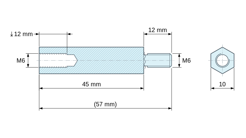 Plan coté Entretoise hexagonale filetée mâle/femelle laiton nickelé au plomb M6 - 10 mm sur plats