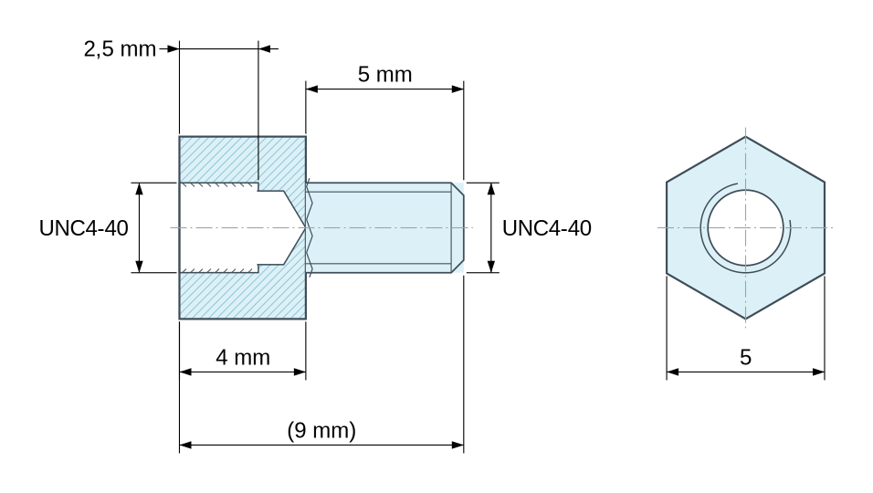Plan coté Entretoise hexagonale filetée mâle/femelle laiton nickelé au plomb UNC4-40 - 5 mm sur plats Plan coté Entretoise hexagonale filetée mâle/femelle laiton nickelé au plomb UNC4-40 - 5 mm sur plats