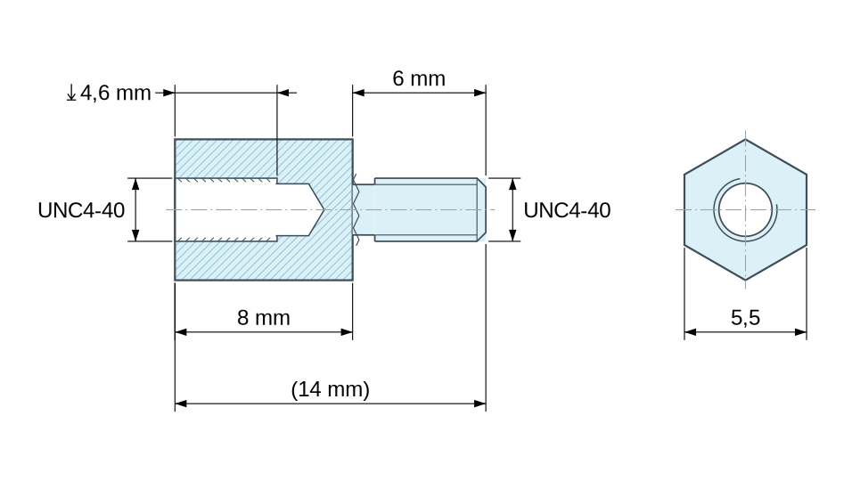 Plan coté Entretoise hexagonale filetée mâle/femelle laiton nickelé au plomb UNC4-40 - 5,5 mm sur plats