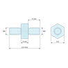 Plan coté 3 mm / 5 mm, Entretoise hexagonale filetée mâle/mâle laiton nickelé au plomb M3 - 5,5 mm sur plats