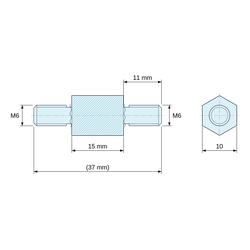 Plan coté 15 mm / 11 mm, Entretoise hexagonale filetée mâle/mâle laiton nickelé au plomb M6 - 10 mm sur plats