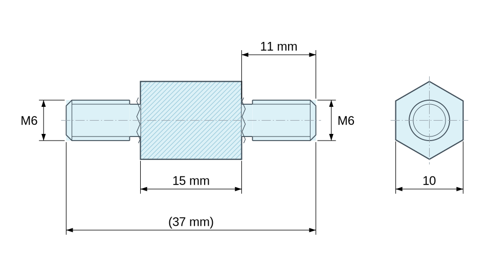 Plan coté Entretoise hexagonale filetée mâle/mâle laiton nickelé au plomb M6 - 10 mm sur plats