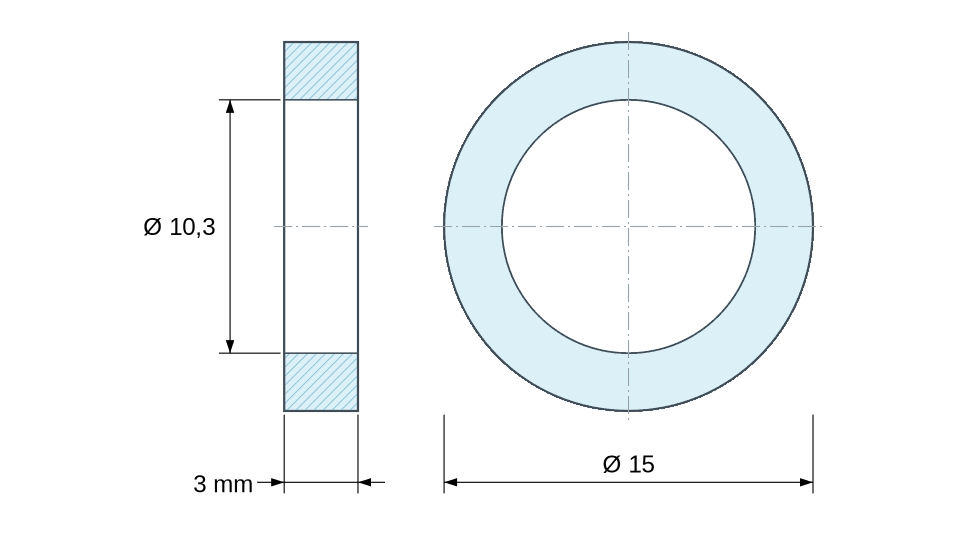 Plan coté entretoise plastique polyamide PA6.6 naturel Ø10,3x15 mm Plan coté entretoise plastique polyamide PA6.6 naturel Ø10,3x15 mm