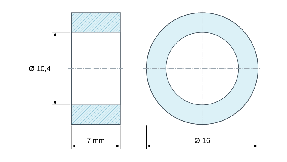 Plan coté entretoise plastique polyamide renforcé brun Ø10,4x16 mm Plan coté entretoise plastique polyamide renforcé brun Ø10,4x16 mm