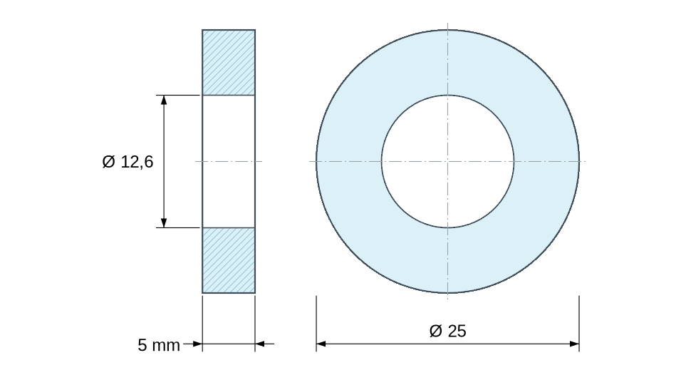 Plan coté Entretoise lisse plastique polyamide PA6.6 naturel Ø12,6x25mm pour vis M12