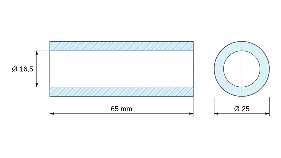 Plan coté entretoise plastique polyamide PA6.6 naturel Ø16,5x25 mm