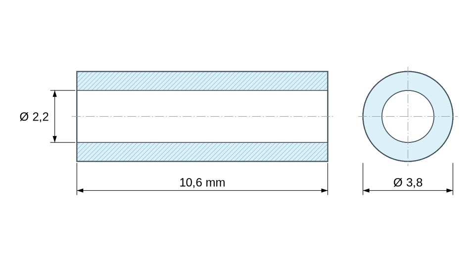 Plan coté Entretoise lisse plastique polyamide PA6 blanc Ø2,2x3,8mm pour vis M2