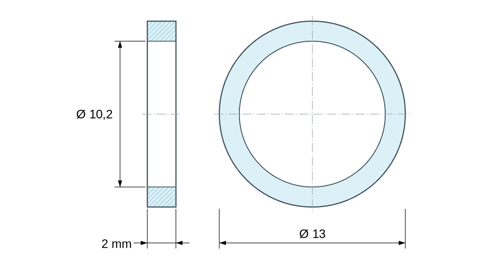 Plan coté Entretoise lisse laiton nickelé Ø10,2x13mm pour vis M10 Plan coté Entretoise lisse laiton nickelé Ø10,2x13mm pour vis M10