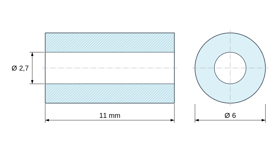 Plan coté Entretoise lisse plastique polyamide PA6 renforcé fibre de verre Ø2,7x6mm pour vis M2,5