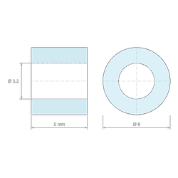 Plan coté 5 mm, Entretoise lisse plastique polystyrène naturel Ø3,2x6mm pour vis M3