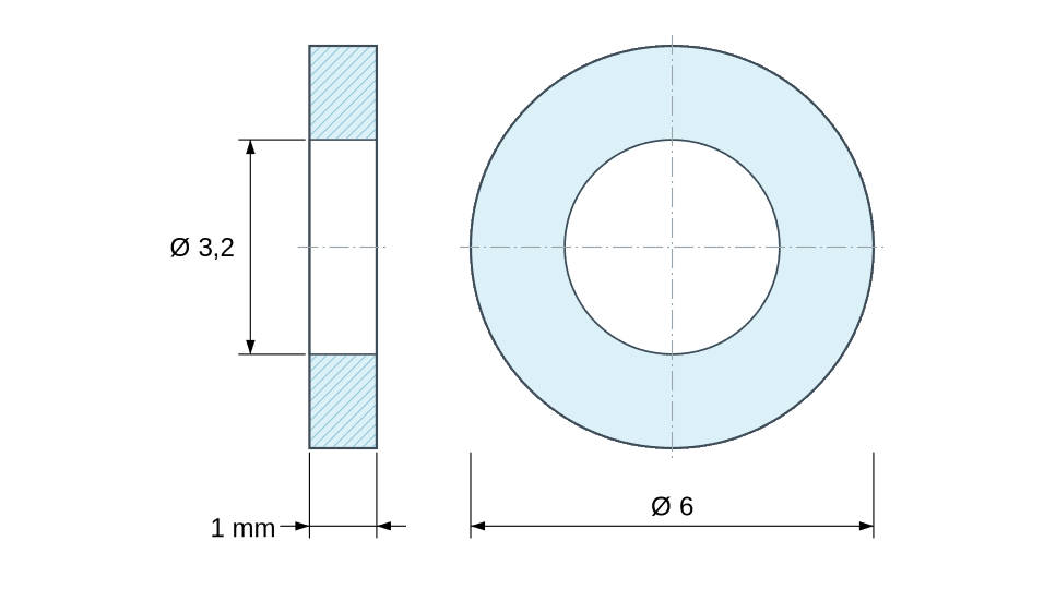 Plan coté entretoise plastique polyamide PA6.6 naturel Ø3,2x6 mm