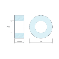 Plan coté 2,5 mm, Entretoise lisse plastique polyamide PA6 renforcé fibre de verre Ø3,2x6mm pour vis M3