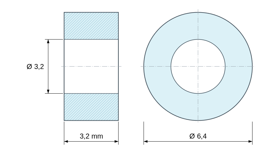 Plan coté entretoise plastique polyamide PA6 blanc Ø3,2x6,4 mm