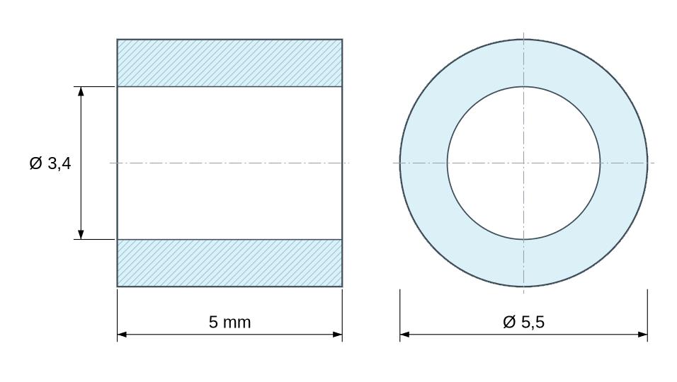 Plan coté entretoise plastique polyamide renforcé Ø3,4x5,5 mm