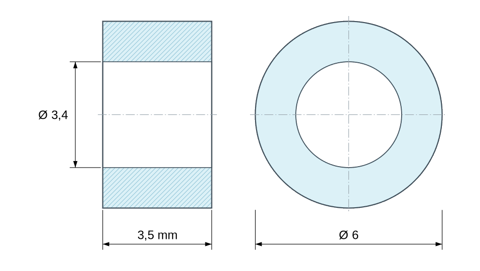 Plan coté entretoise plastique Noryl naturel Ø3,4x6 mm