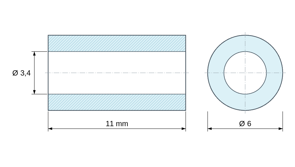Plan coté Entretoise lisse plastique polyamide PA6.6 renforcé fibre de verre brun Ø3,4x6mm pour vis M3