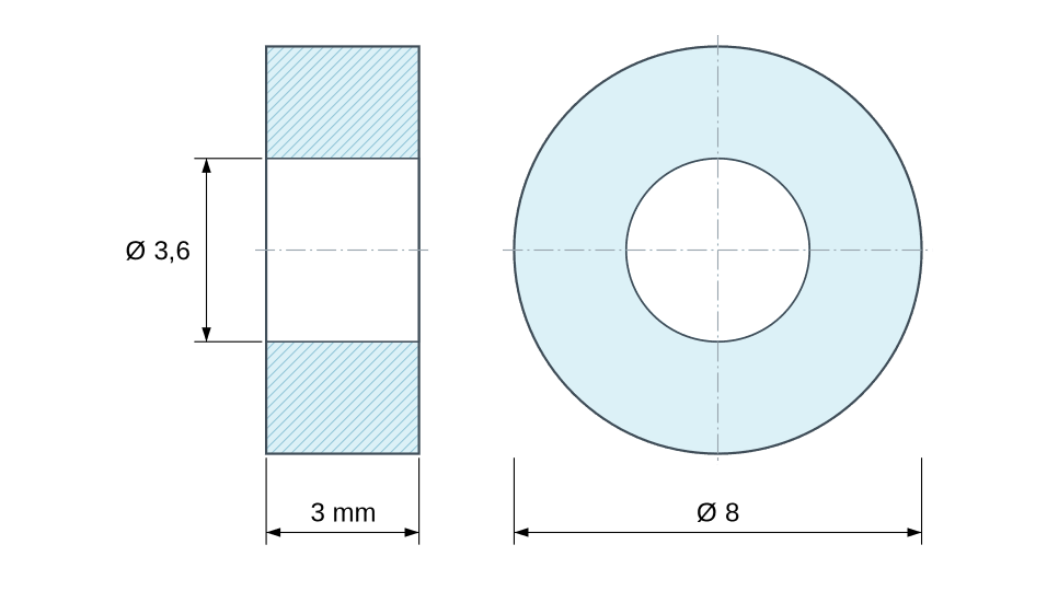 Plan coté entretoise plastique polyamide PA6.6 naturel Ø3,6x8 mm