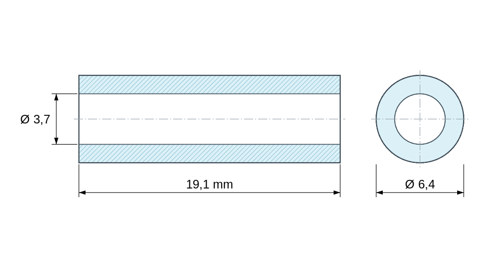 Plan coté entretoise plastique PVC gris Ø3,7x6,4 mm