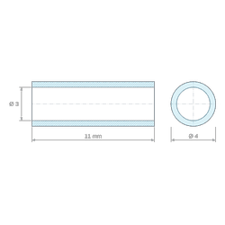 Plan coté 11 mm, Entretoise lisse plastique polyamide PA6 renforcé fibre de verre Ø3x4mm pour vis M3