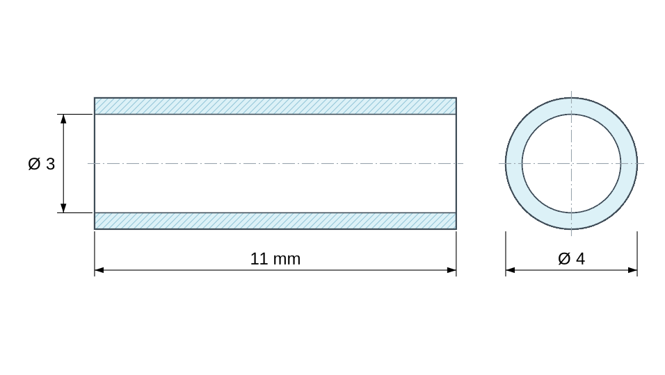 Plan coté Entretoise lisse plastique polyamide PA6 renforcé fibre de verre Ø3x4mm pour vis M3