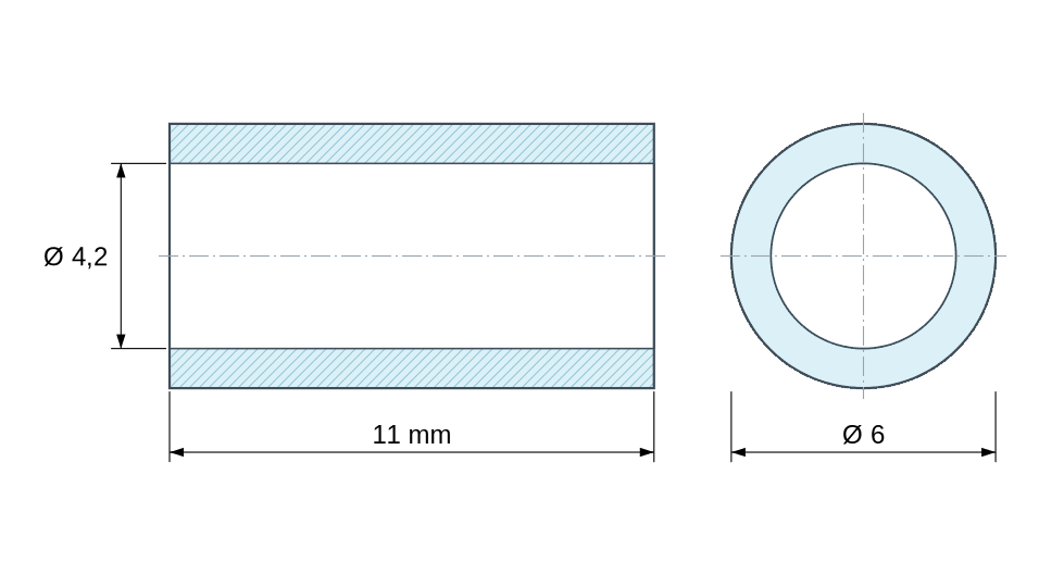 Plan coté Entretoise lisse plastique polyamide PA6 renforcé fibre de verre Ø4,2x6mm pour vis M4