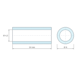 Plan coté 14 mm, Entretoise lisse plastique polyamide PA6 renforcé fibre de verre Ø4,2x6mm pour vis M4