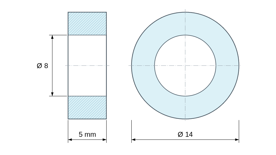 Plan coté Entretoise lisse aluminium Ø8x14mm pour vis M8